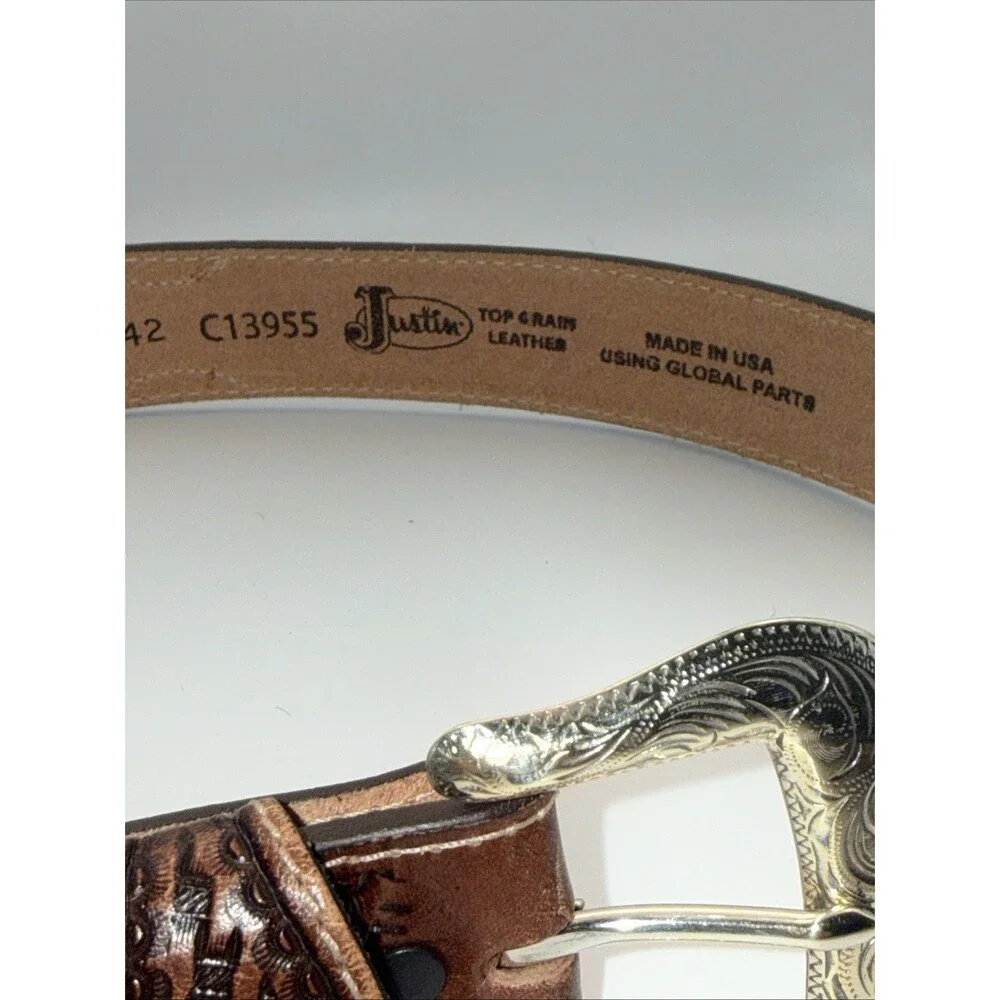 Justin Lone Star Western Leather Belt Mens Size 42 Brown C10098 Basketweave Exc